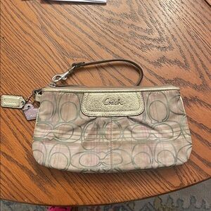 Coach Signature Pattern Wristlet in Beige and Gold